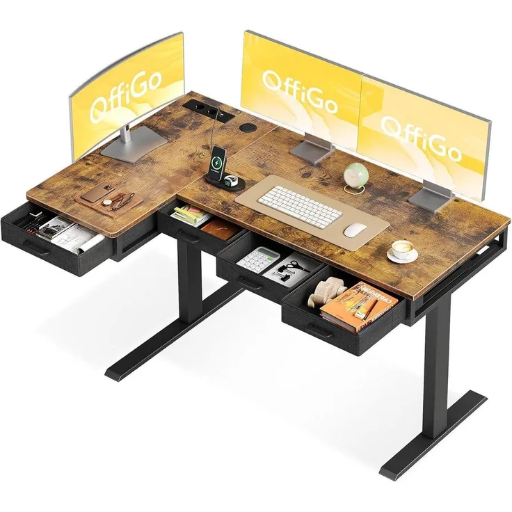 Eckschreibtisch Höhenverstellbar Elektrisch L Form 140 x 80 cm Braun