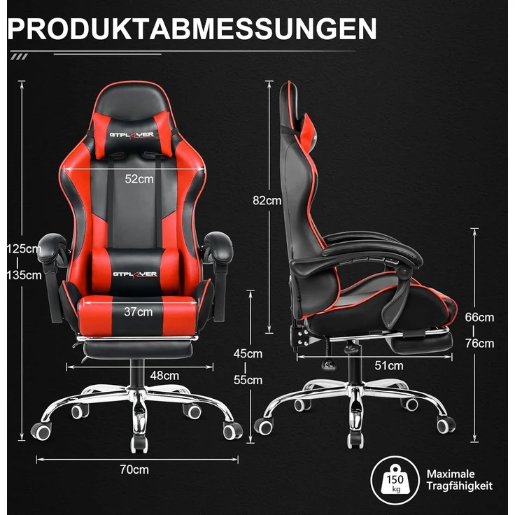 GTPLAYER Gaming Stuhl Bürostuhl Massage Gaming Sessel Ergonomischer Gamer Stuhl mit Fußstütze, Kopfstütze Massage-Lendenkissen, Gepolstert Gaming Chair, Drehsessel, rot – Bild 7