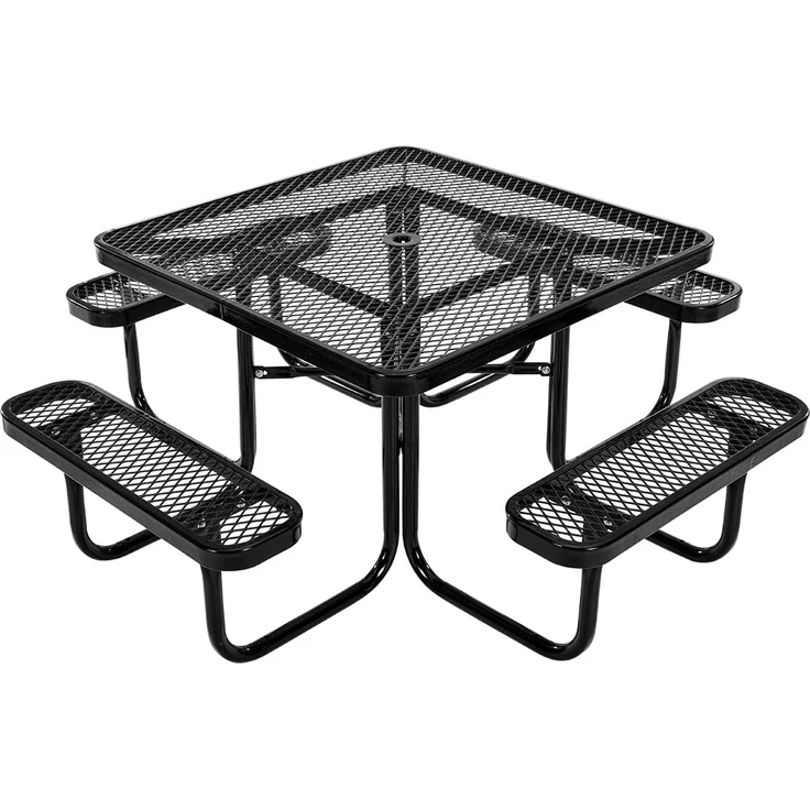 VEVOR Picknicktisch (quadratisch) mit 4 Bänken Sitzgarnitur, wetterfestes Gartenmöbel-Set für Terrasse, beschichtete Stahltische mit Loch für Schirm, Gartengarnitur für Hinterhof Veranda (schwarz) – Bild 1