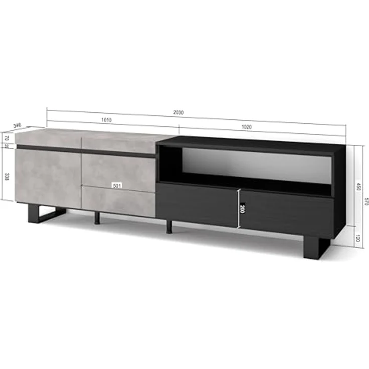 Skraut Home | TV-Schrank, Lowboard | für Wohnzimmer und Esszimmer | 200x57x35cm | Für TV-Geräte bis zu 80" | Industriedesign | Moderner Stil | Zement – Bild 5
