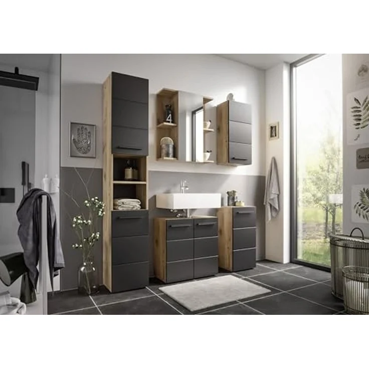 Waschbeckenunterschrank >Vista< 2 Türen, 1 Boden, schwarz / viking oak Dekor - 60x62x31 (BxHxT) – Bild 2