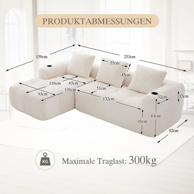 LVHOM Ecksofa 3 sitzer, Bodensofa mit Seitentaschen und Getränkehalter, Polstersofa aus Cordstoff, frei Kombination, Modulares Chaiselongue-Sofa-Set, 253x158x61 cm – Bild 7