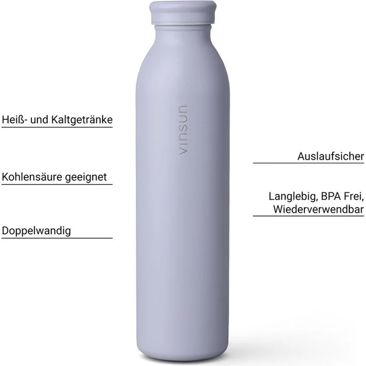 Vinsun Isolierflasche Edelstahl Flasche 600ml, Thermoflasche doppelwandig isoliert BPA frei, Auslaufsicher, Kohlensäure geeignet, bruchsicher, Kalt- & Heißgetränk – Bild 1