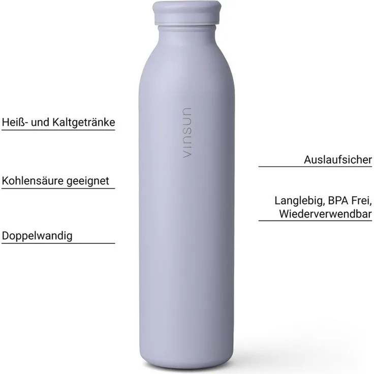 Vinsun Isolierflasche Edelstahl Flasche 600ml, Thermoflasche doppelwandig isoliert BPA frei, Auslaufsicher, Kohlensäure geeignet, bruchsicher, Kalt- & Heißgetränk