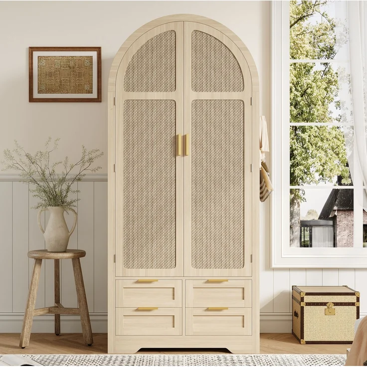 DESVIAE Garderobenschrank Eiche aus MDF – 80x180x50 cm – Rattantüren, Schubladen – Bild 1