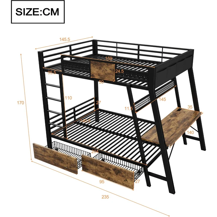 Merax Metall-Etagenbett 140x200 cm, integrierter Gaming-Schreibtisch mit Steckdosen, USB- und Type-C-Anschlüssen, mit LED-Lichtband, zwei Aufbewahrungskörben, Schwarz – Bild 4