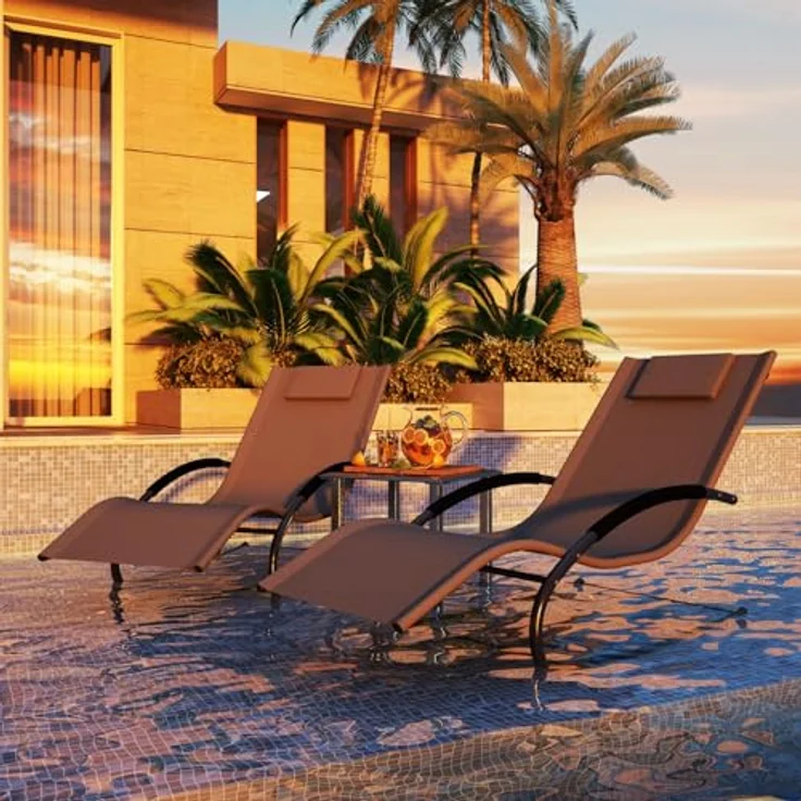 GarveeHome 3-Teiliges Outdoor-Lounge-Set Mit 2 Liegen Und 1 Couchtisch, Textilene-Schaukelstuhl Mit Gebogenem Metallrahmen, Liegestuhl Mit Kissen, Für Poolbereich, Terrasse Und Garten – Bild 9