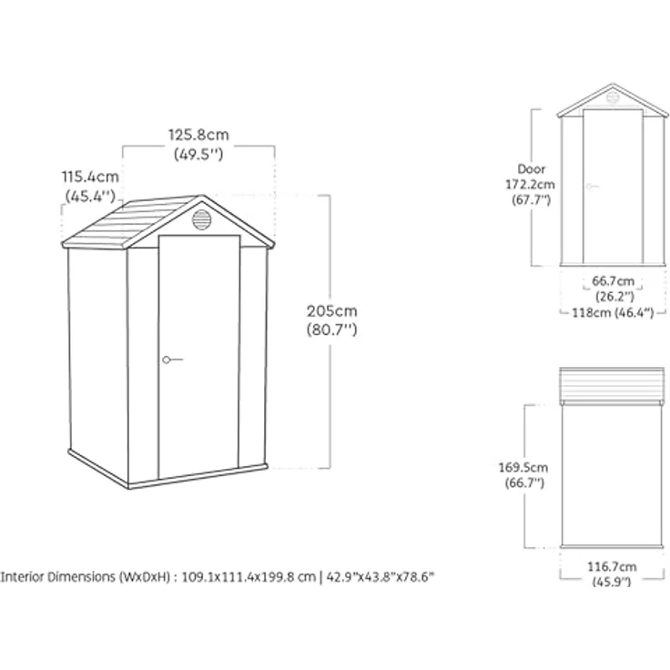 KETER Gartenhaus Darwin 4x4, 2,8 m², aus langlebigem Evotech Kunststoff mit Einzeltür und Belüftung, Gerätehaus, 25 x 184 x 205 cm, grau – Bild 9