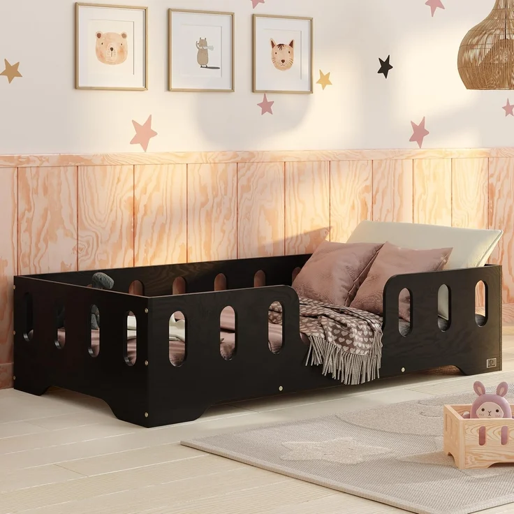 smartwood Kinderbett Bodenbett 90x180 mit Rausfallschutz & Lattenrost - Schwarz - Kinder Montessori Bett TILA 2 mit glatten Kanten - Betten für schnelle Montage - Bis 230 kg belastbar – Bild 1