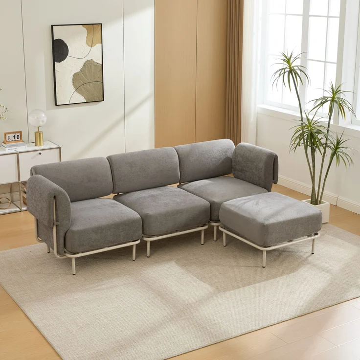 Sofa mit Hocker, 251 x 155 x 78 cm, Sitzfläche 215x63 cm, graues Chenille, modular stellbar – Bild 2
