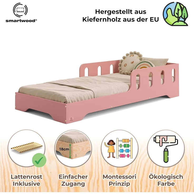 smartwood Kinderbett 120x200 cm in Rosa - Montessori Bodenbett mit Rausfallschutz & Lattenrost - Aus handbemaltem Sperrholz - Sicher für Jungen und Mädchen - Einfache Montage - TILA 6 – Bild 3