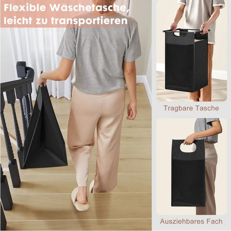 SURFOU Wäschekorb mit Rollen Wäschesammler Beweglicher Wäschewagen (3 St, mit Ablage Wäschebox Wäschesack aus Oxford-Gewebe Waschesammelboxaus), aus Oxford-Gewebe Abnehmbar, Metallrahmen – Bild 4