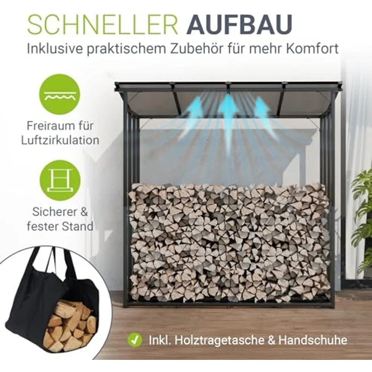 Juskys Kaminholzregal mit Dach - 185 cm, Metallregal für Brennholz, wetterfest, UV-beständige Plane, erhöhte Bodenfreiheit, Outdoor – Bild 7