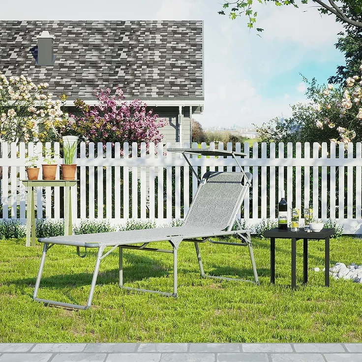 SONGMICS klappbare Sonnenliege, 65 x 200 x 48 cm, bis 150 kg belastbar, Liegestuhl, Gartenliege, extra groß, mit Sonnendach, Rückenlehne verstellbar, grau meliert GCB26TG – Bild 2