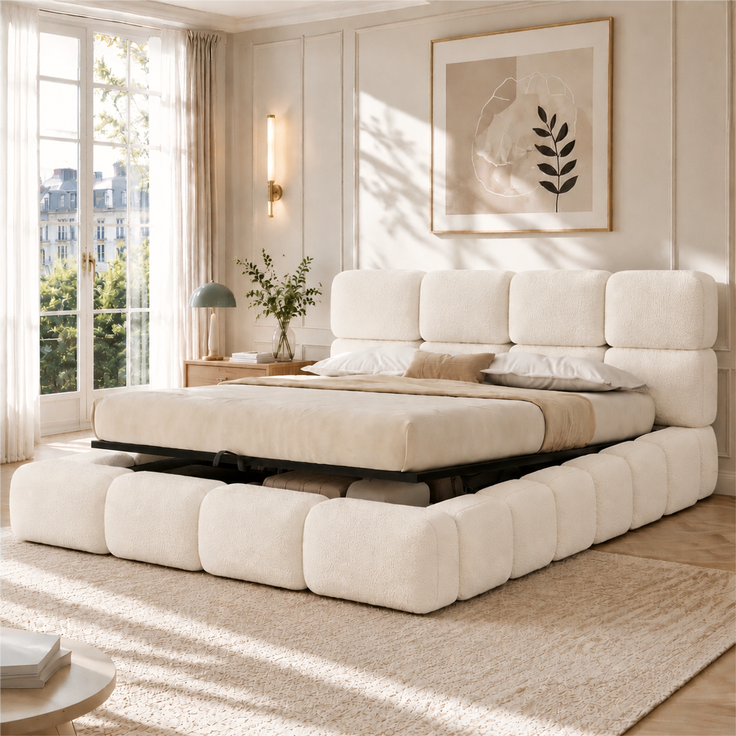 Gepolstertes Doppelbett, 180 x 200 cm, hydraulisch verstellbar, wolkenförmiges Bett, Stauraumbett, Bubble-Design, mit Lattenrost, Kopfteil und großem Stauraum, gepolstertes Kopfteil, weißer Schlingenveloursstoff. – Bild 3