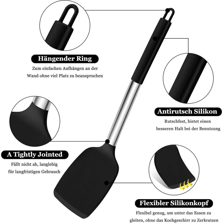 Homikit Silikon Pfannenwender Set Schwarz Edelstahlgriff 2er Kochbesteck – Bild 3