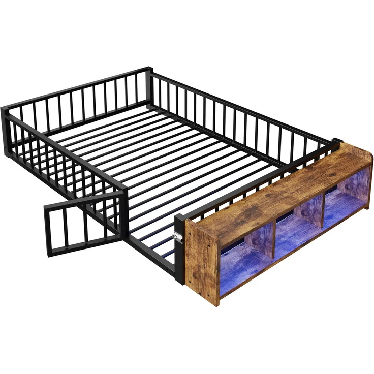 Kinderbett mit LED-Streifen, Regal, Zaun, Lattenrost und Tür, 140x200 cm, Einzelbett mit Rausfallschutz, Metallbett – Bild 9