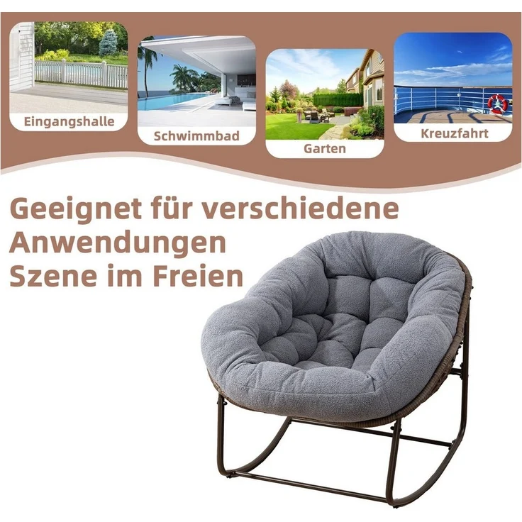 LVHOM Schaukelstuhl mit gepolstertem Kissen, Rattanstuhl mit Stahlrahmen, Lounge Sessel (Großformat B110.5cm x T94.5cm x H80cm,Dicke Kissen,160kg Tragfähigkeit, MEHRE FARBEN MEHRE OPTIONEN! Schaukelsessel umhüllendem Sitzgefühl & hoher Armlehne, 1 St),... – Bild 3