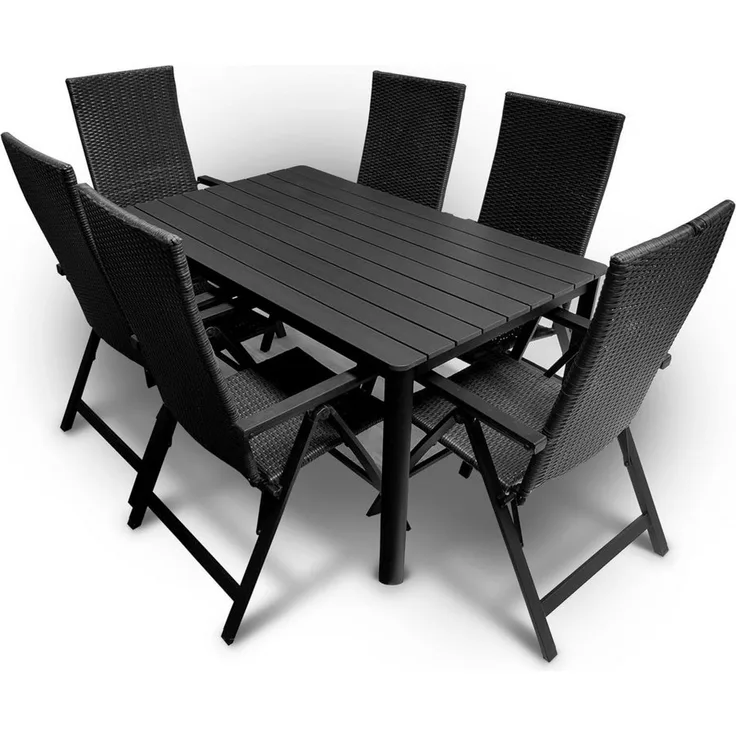 DM-Handel Garten-Essgruppe Gartentisch Esstisch Klappstuhl Grau / Anthrazit, (Essgruppe 7 Teilig, 7-tlg, Rattanstuhl Gartenstuhl Gartenmöbel Sitzgruppe), das Set besteht aus einem Tisch und 6 Klappstühlen