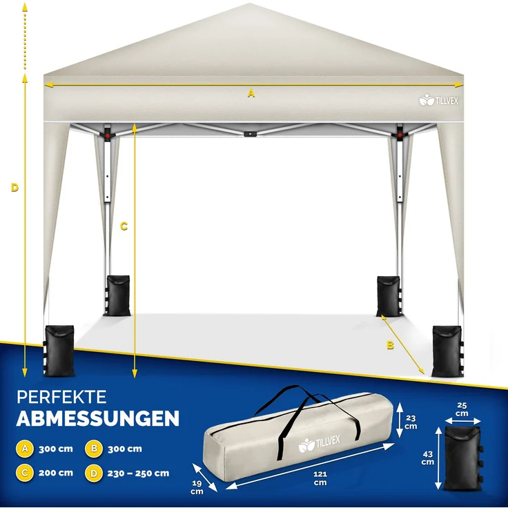 tillvex Pop-Up Faltpavillon mit Tasche, wasserdicht, höhenverstellbar & UV Schutz 50+, Stahl / Polyester, 3x3 m, Beige – Bild 7