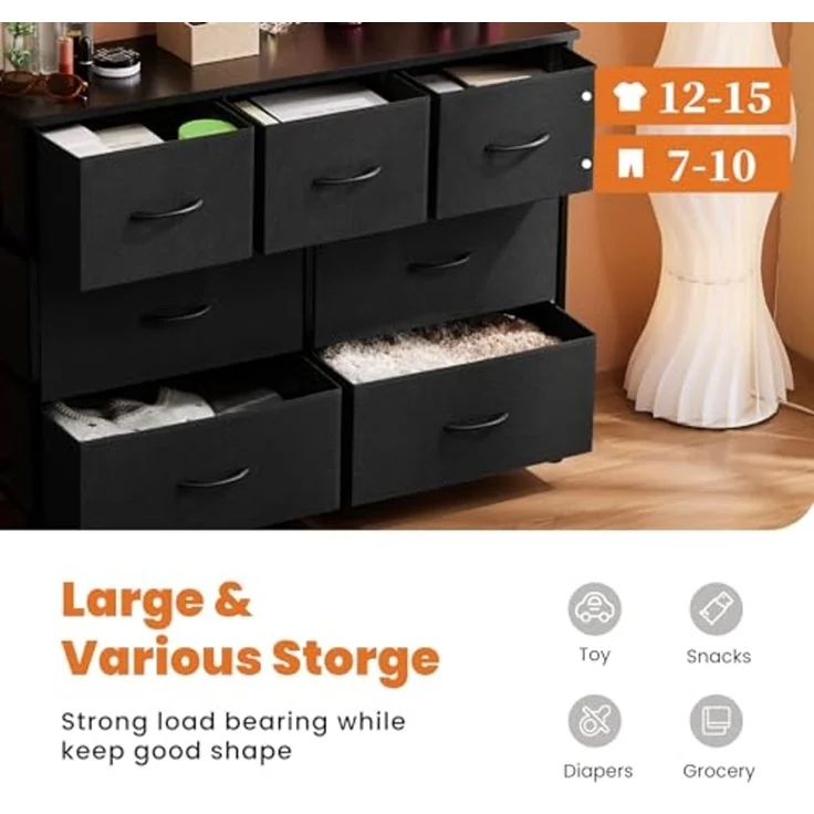 DUMOS Kommode für Schlafzimmer mit 7 Stoffschubladen, hohe Kommode Organizer für Kleidung, Schrank Kinderzimmer, Aufbewahrungsturm mit Schrank, Metallrahmen, Holzplatte, leichte Kinderzimmermöbel – Bild 4