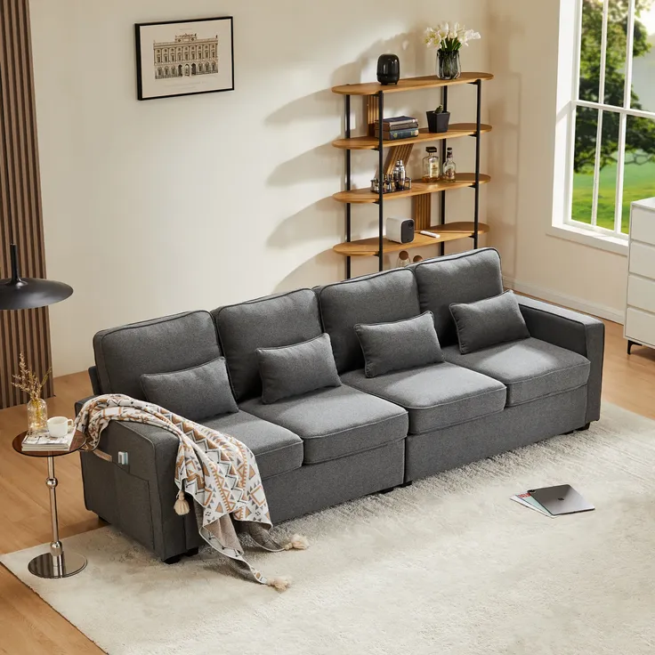 Big-Sofa, 264 cm, 4-Sitzer inkl. loser Zier- und Rückenkissen, Leinen Bezug, Polstersofa, Wohnzimmersofa