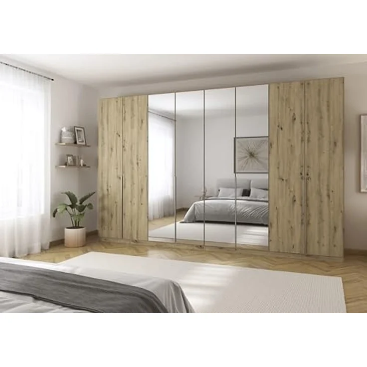 Rauch Möbel Alabama, Kleiderschrank für Schlafzimmer, Kinderzimmer, Wohnzimmer, Garderobe, Flur, 8-türig, Spiegel, mit Zubehör Basic, Farbe Eiche Artisan, Holz, Breite 360 cm – Bild 2