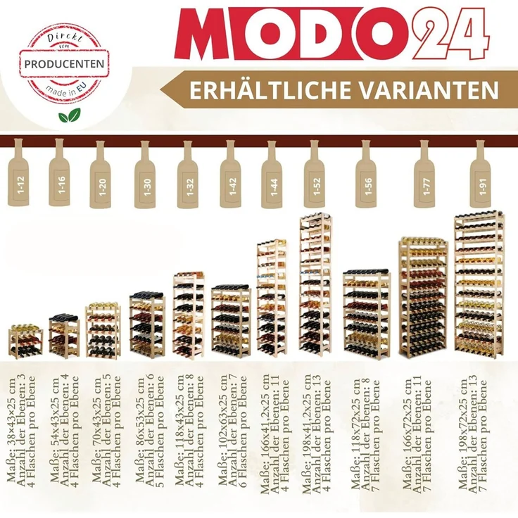 Modo24 Weinregal Flaschenregal Holzregal Flaschenständer Varianten 12 bis 91 Flaschen, RW1 Getränkeregal, 3 Farben, FSC Holz Nachhaltig – Bild 4