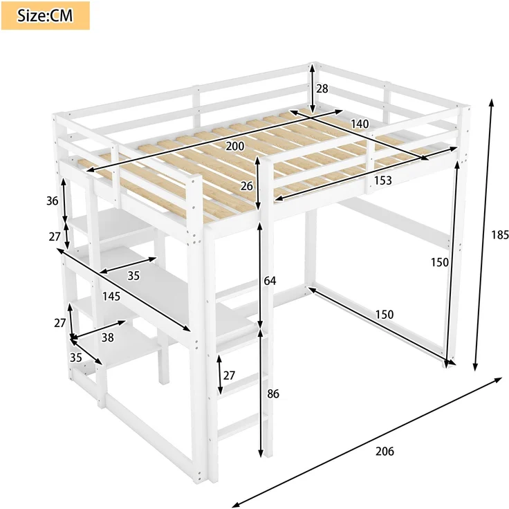 Hochbett 140x200 cm mit Schreibtisch und 4 Ablagefächern, Kinderbett Doppelbett aus massivem Kiefernholz,mit Stauraum,Weiß – Bild 4