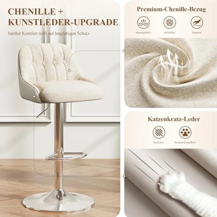 MALOL 360° Drehbarer Höhenverstellbarer Barhocker, Bar Hocker 4er Set mit Rückenlehne, Moderner Küchenhocker mit Metallfuß für Theke, Esszimmer, Barstuhl mit Kombination aus Leder und Bouclé, Beige – Bild 5