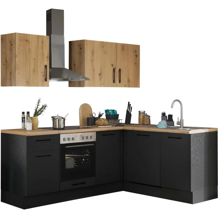 Turin L Eckküche 220 x 211 x 60 cm, schwarz - Basic Küchengeräte - Moderne, geräumige Küche in Artisan-Eiche Optik mit viel Stauraum – Bild 1