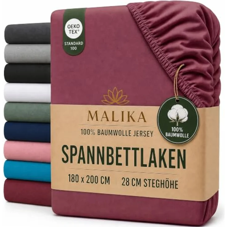 MALIKA® Spannbettlaken 120x200cm, Baumwolle Jersey mit faltenfreier Passform, Matratzenhöhe bis 28 cm, Oeko-Tex zertifiziert – Bild 1