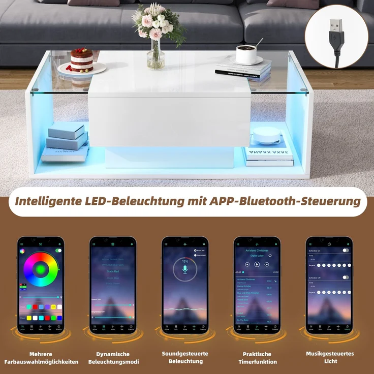 Quadratischer Couchtisch 100 x 50 x 31 cm, Hochglanz Weiß,gehärtetes Glas, 1 Schublade, halboffener Stauraum,mit LED-Lichtleiste – Bild 7
