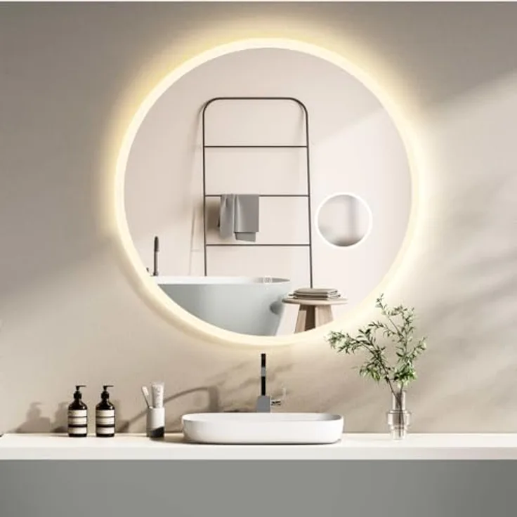 HOKO Runder LED Badspiegel 80cm Hamburg, Designspiegel mit 3-fach Kosmetikspiegel, Touch Schalter, LED Lichtwechsel - Warmweiß - Kaltweiß - Neutral