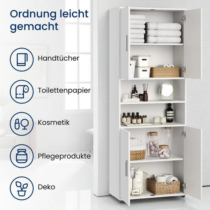 Home Collective Badkommode Badezimmerschrank Hochschrank 6 Fächer – robust & pflegeleicht, 70x35x187 cm (BxTxH), Weiß, 4 Türen, pflegeleicht & viel Stauraum – Bild 2