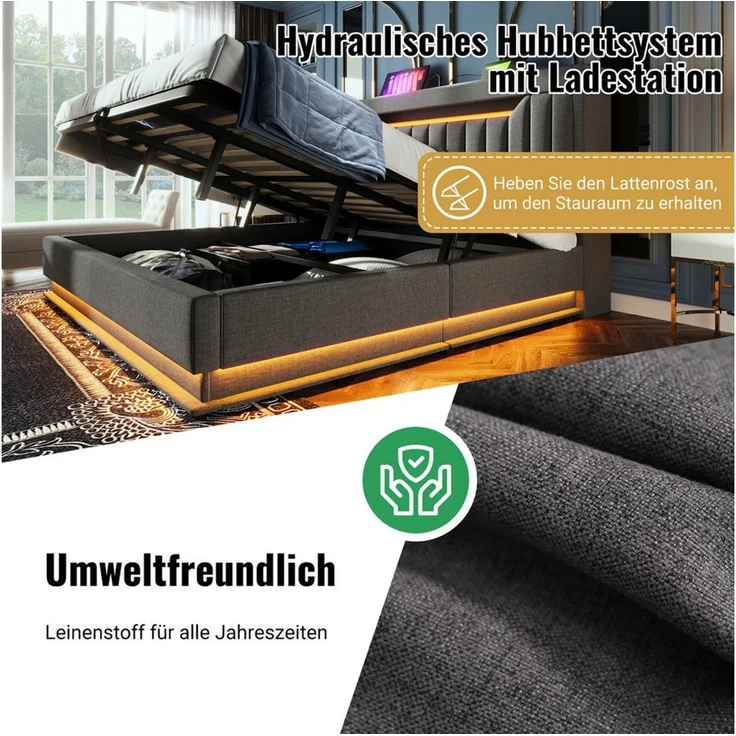 BlingBin Polsterbett Stauraumbett (1-tlg, hydraulischem Stauraum und Regal im Kopfteil, ohne Matratze), 90x200 cm mit LED-Beleuchtung, USB- & Typ-C-Ladefunktion – Bild 3
