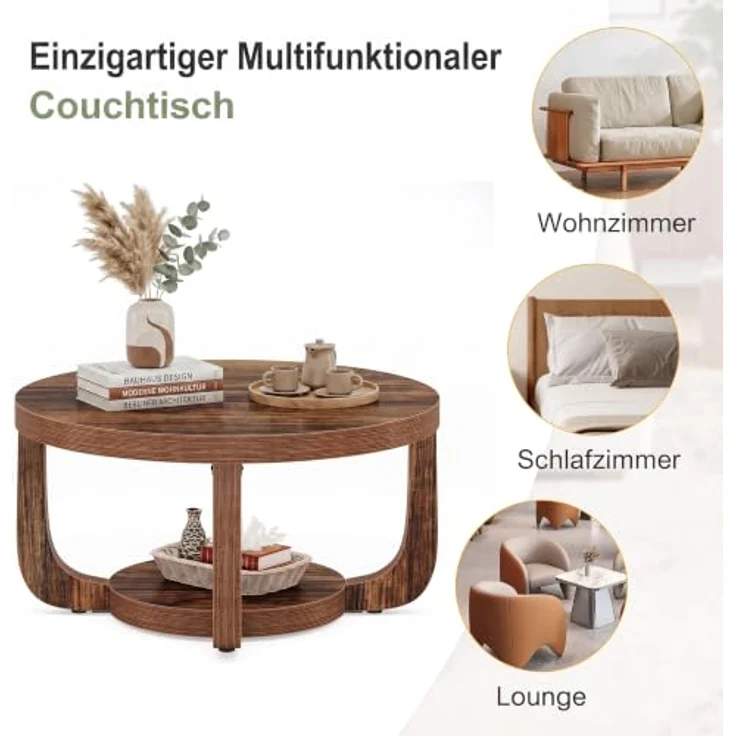LITTLE TREE Runder Couchtisch 80 cm, 2-stöckiger Wohnzimmertisch mit Ablage | Landhausstil Kaffeetisch, Holz‑Optik Tisch für Wohnzimmer, Schlafzimmer und Lounge – Bild 6
