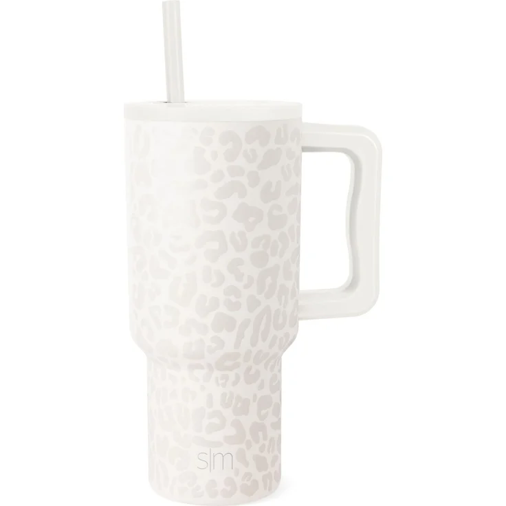 Simple Modern Thermobecher mit Strohhalm und Griff | Isolierter Edelstahl-Trinkbecher Eiskaffee-Reisebecher | Geschenke für Frauen und Männer | Trek | 890ml | Cream Leopard