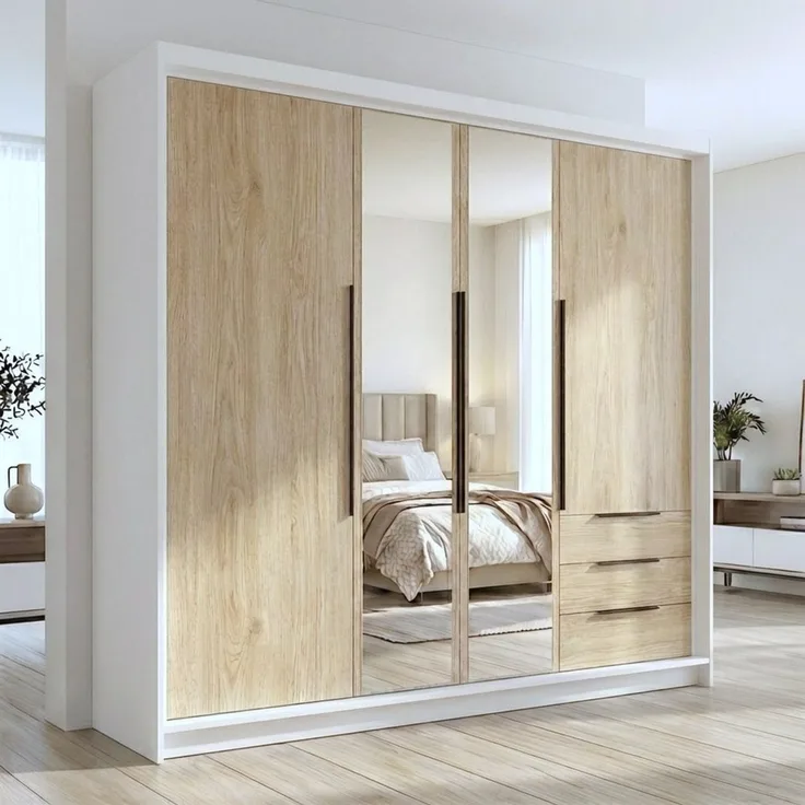 A&J MöbelLand GmbH Drehtürenschrank viertüriger Kleiderschrank mit Schubladen und Metallgriffen. (Geräumiger vier¬türiger Kleiderschrank mit Schubladen und Metallgriffen. Geräumiger Schrank mit einer Breite von 200 cm und Schubladen, ideal zur Aufbewah...