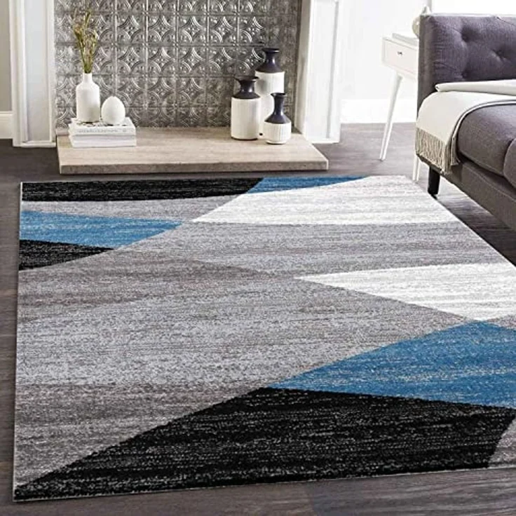 VIMODA Teppich Geometrisches Muster Meliert in Blau Grau Weiß Schwarz Kurzflor Wohnzimmer, Maße:80x250 cm – Bild 2