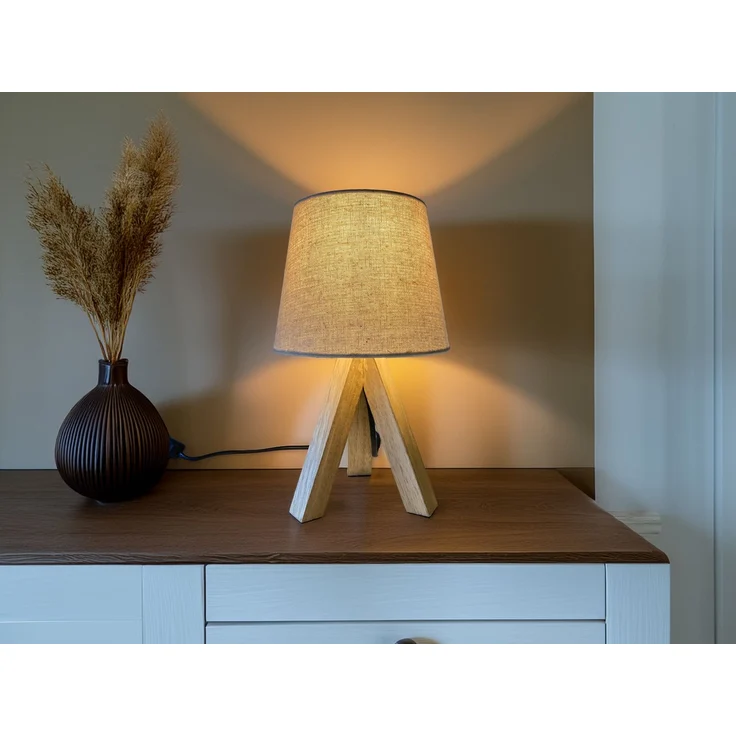 Tischlampe mit Dreibein aus Holz, Stoffschirm Creme Weiß, Höhe 27cm – Bild 6