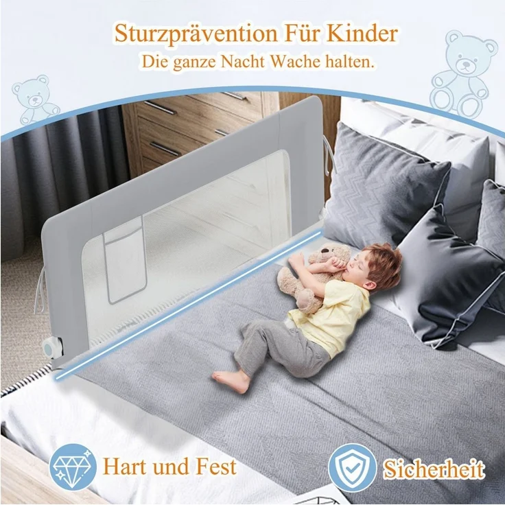 FIVMEN Bettschutzgitter Rausfallschutz Bettgitter Zusammenklappbar Bettschutzgitter, 180 Grad Babybett Höhenverstellbar Schutzgitter Bett – Bild 3