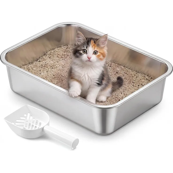 FEANDREA Katzenklo Edelstahl, Katzentoilette mit Schaufel, offen, für kleine Katzen und Kätzchen, 40 x 30 x 10 cm, silbern