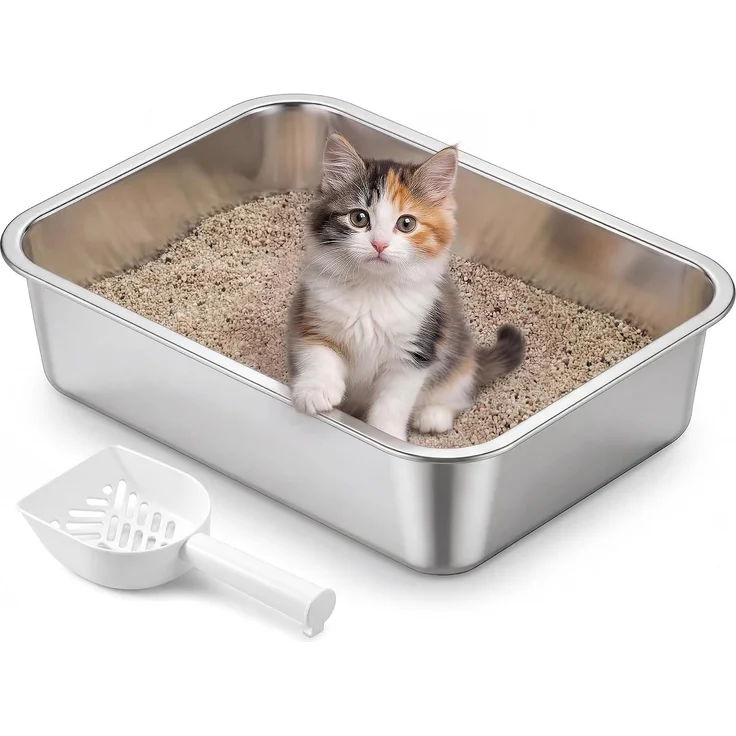 FEANDREA Katzenklo Edelstahl, Katzentoilette mit Schaufel, offen, für kleine Katzen und Kätzchen, 40 x 30 x 10 cm, silbern – Bild 1
