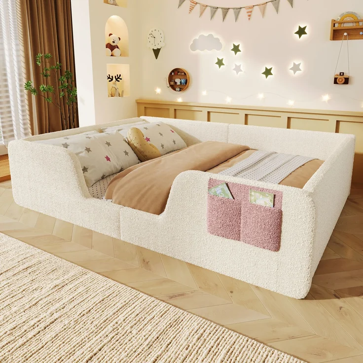 EINHOM Polsterbett, 140 × 190 cm, ohne Matratze, abnehmbare Sicherheitsgitter, integrierte Stofftasche zur Aufbewahrung, einzigartiger Samt, Beige (Ohne Matratze) – Bild 5
