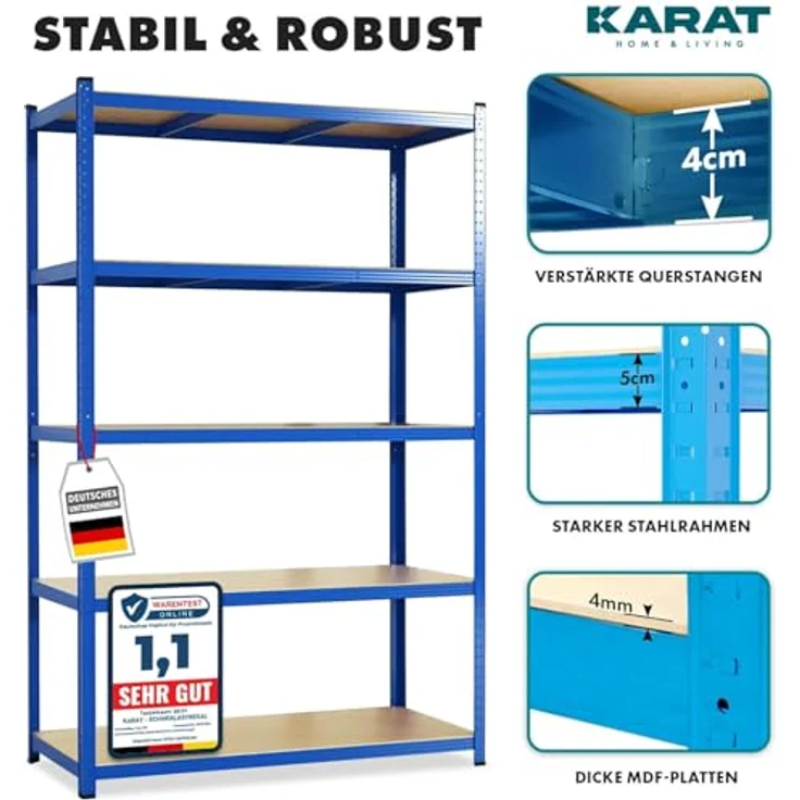 KARAT Schwerlastregal, 2er Set - Steckregal, Kellerregal, Lagerregal - 5 verstellbare Böden (Blau, 50 x 100 x 200 cm) – Bild 4