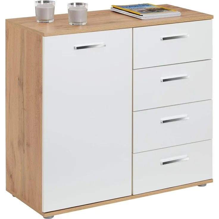 CARO-Möbel Kommode Sideboard Schrank Chicago in Wotan Eiche/weiß, mit 1 Tür und 4 Schubladen Highboard