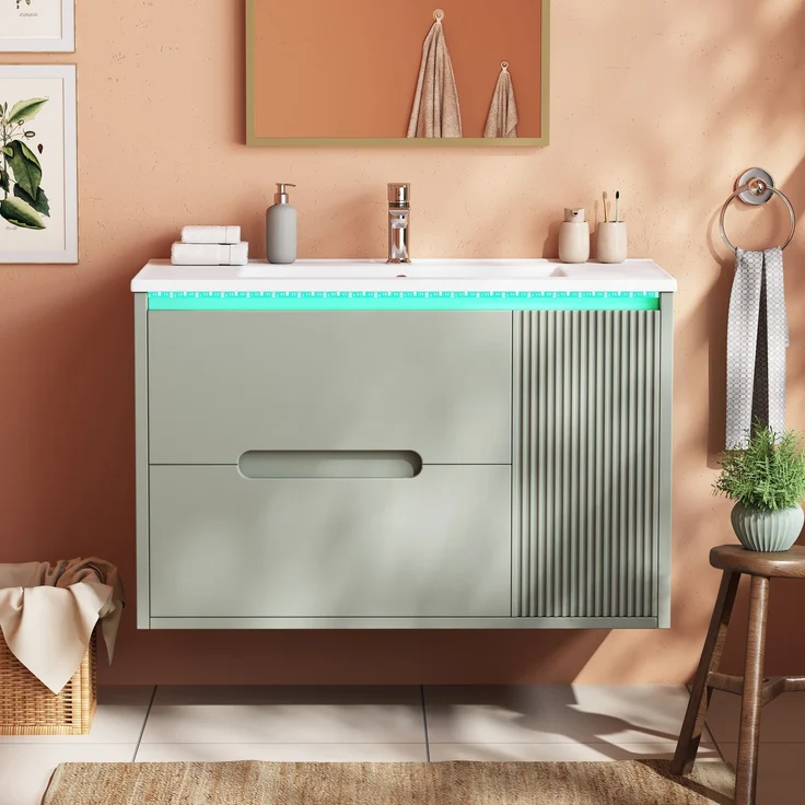 Wandmontierter Waschbeckenunterschrank 81 x 47 x 51 cm aus MDF mit Keramikbecken, LED und Wellenmuster – Bild 2
