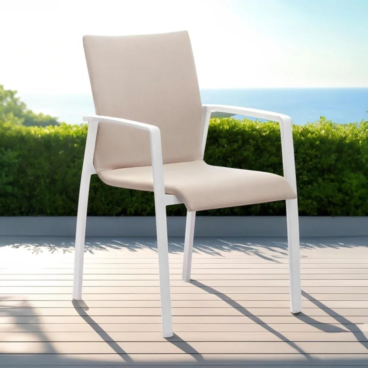 IDIMEX Gartenstühle VERANO 6er Set, 57 x 89 x 62 cm, weiß/beige, stapelbar, robust, mit Textilene Polster. Gartenmöbel-Set, Terrassenmöbel, Outdoor-Möbel wetterfest, Gartenstuhl 6er-Set – Bild 1