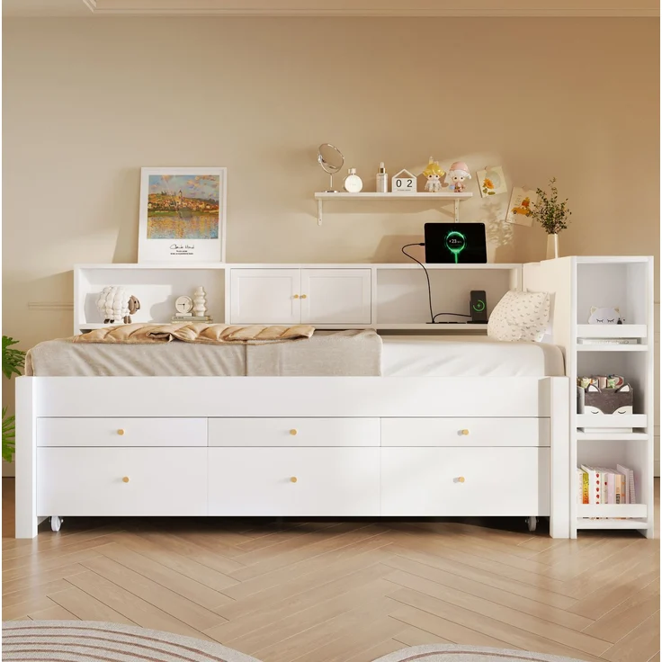 Stauraumbett 90x200 cm mit 3 Schubladen, Ausziehbett und USB-Anschluss – Weiß (ohne Matratze) – Bild 2